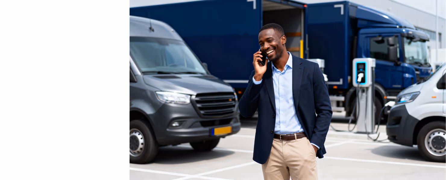 Logistieke ondernemer bellend op een parkeerplaats en laadplein.