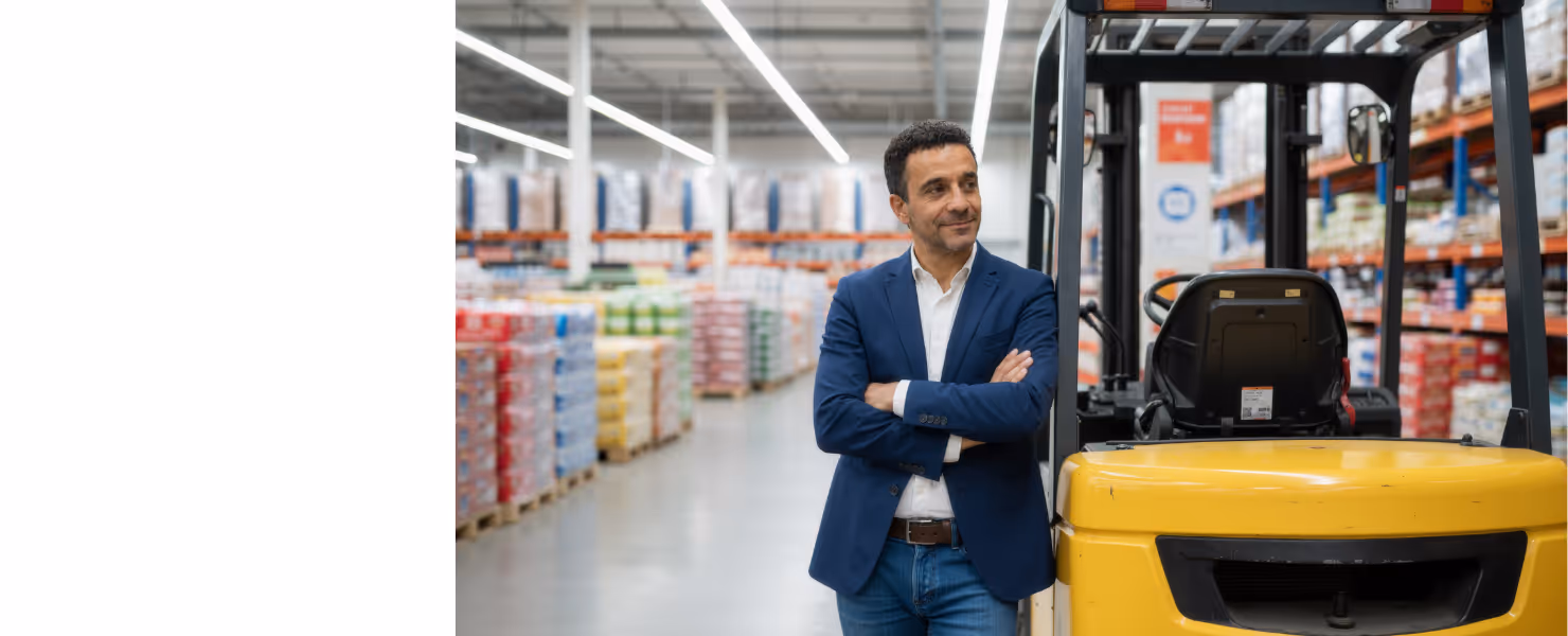 man in loods van een groothandel leunend tegen een heftruck.
