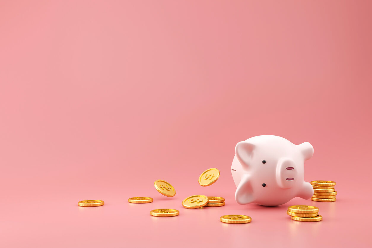 Piggy bank and golden coins on pink background with lost money concept. Financial planning for the future. 3D rendering.