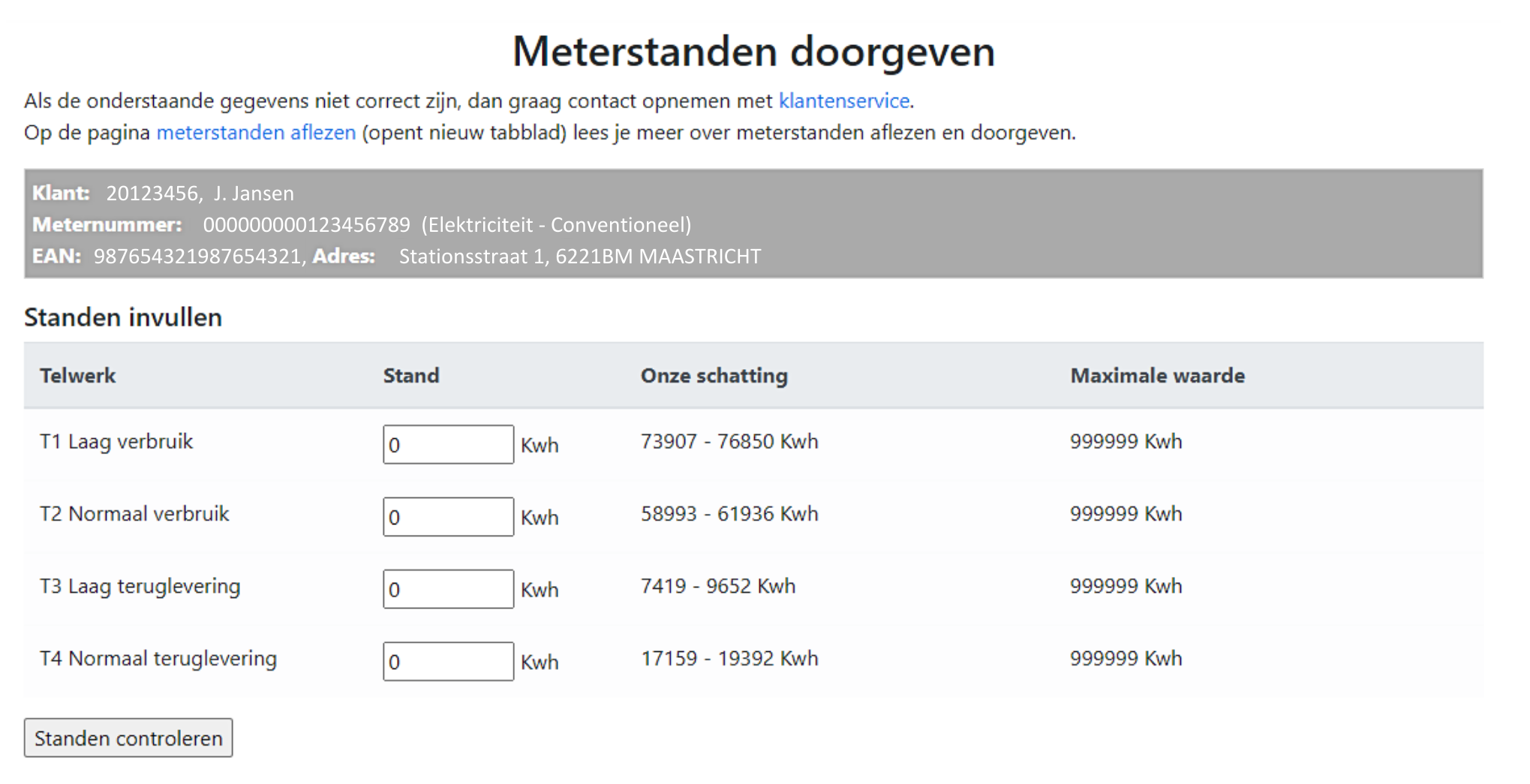 Voorbeeld elektriciteit meterstandenkaart NieuweStroom