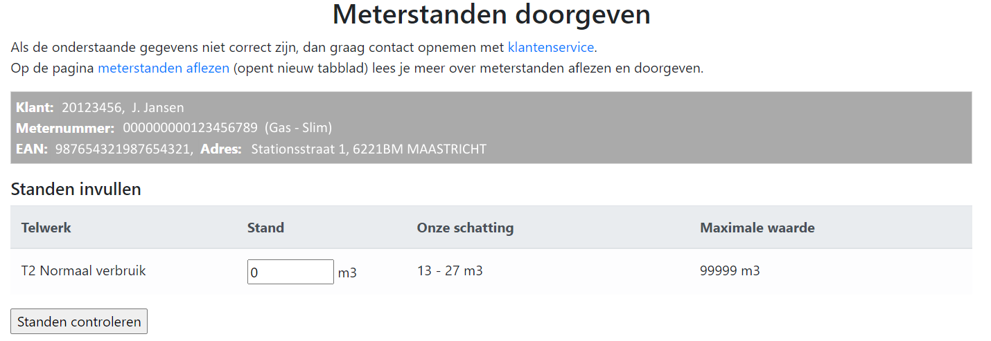 Voorbeeld gas meterstandenkaart NieuweStroom